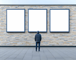 Person viewing three blank billboards on a brick wall