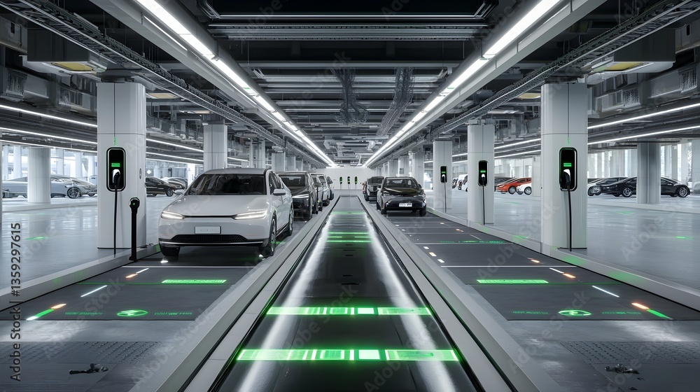 Poster a concept image depicting an advanced underground facility designed for efficient charging and auton