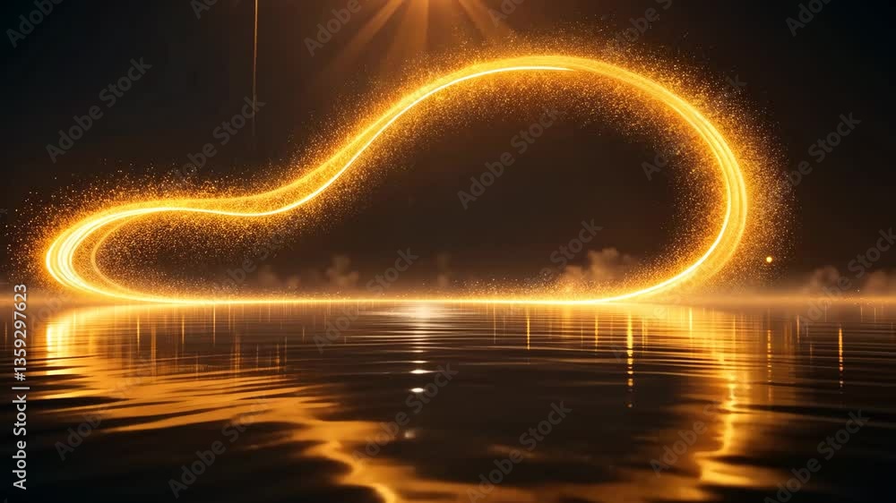 Poster golden glowing energy loop over reflective surface in dark abstract background