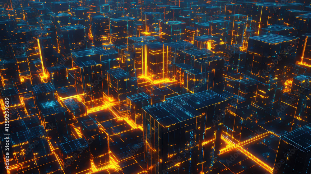 Poster block chain. the global architecture of the information space of the future. 3d illustration of an a
