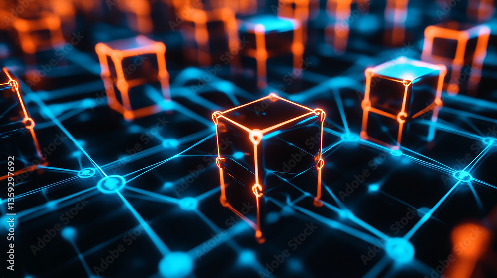 Poster block chain. the global architecture of the information space of the future. 3d illustration of an a