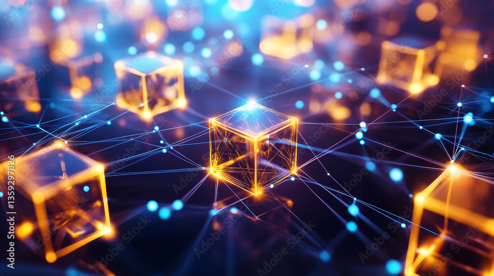 Poster block chain. the global architecture of the information space of the future. 3d illustration of an a