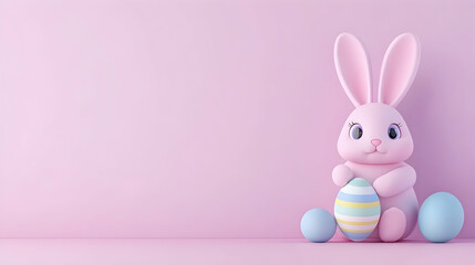 Pink Easter bunny holding pastel egg with two others