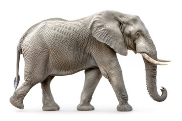 Obraz premium A majestic African elephant gracefully walking, showcasing its large ears and tusks against a clean white background.