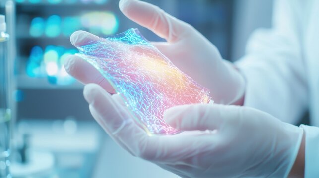 Hyperrealistic scientist's hand examining a patch of synthetic skin with embedded nanofibers, future medical materials, soft lab glow