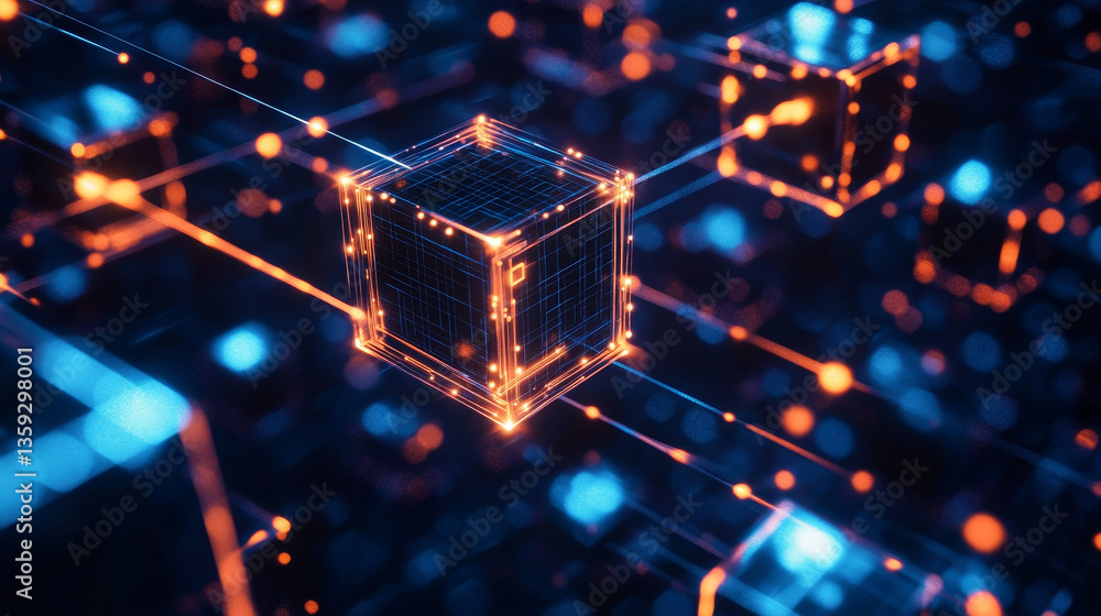 Poster block chain. the global architecture of the information space of the future. 3d illustration of an a
