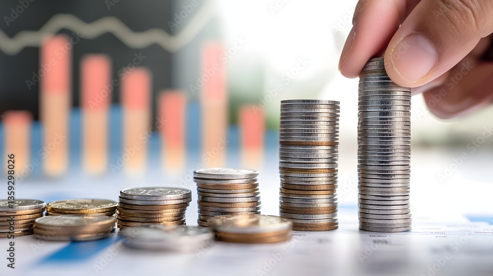Aufkleber a hand carefully stacking coins to represent financial growth with a rising chart graph visible in t