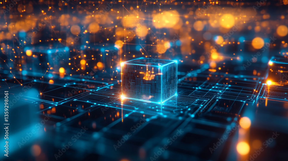 Poster block chain. the global architecture of the information space of the future. 3d illustration of an a