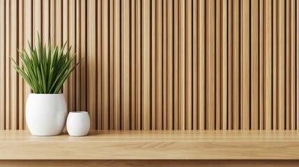 A plant in a white pot rests on a wooden shelf