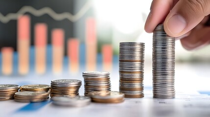 A hand carefully stacking coins to represent financial growth with a rising chart graph visible in the blurred background indicating a positive economic trend