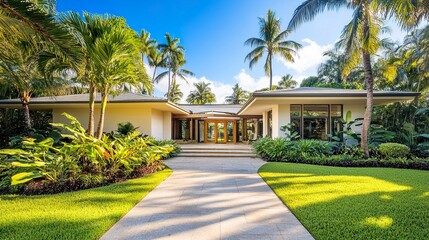 Sleek and stylish home surrounded by lush landscaping, tall palms casting gentle shadows on clean white walls, golden sunlight creating a serene tropical retreat. 