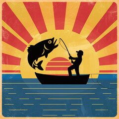 silhouette of a man on a boat catching a fish