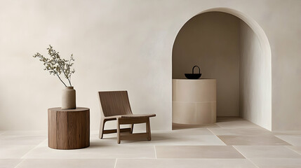 Minimalist room interior with wooden chair, side table, and arched doorway