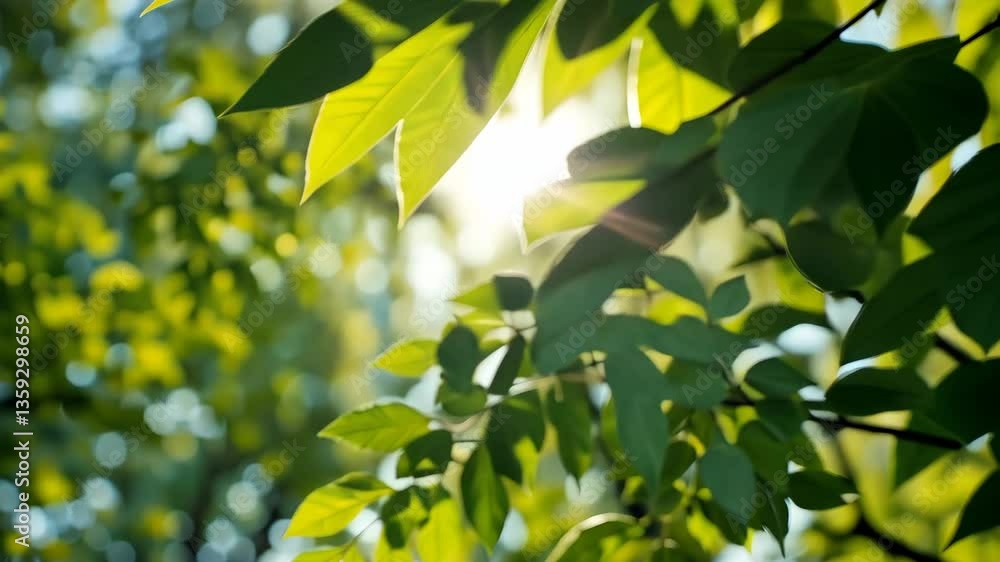 Aufkleber golden sunlight filtering through lush green leaves creating dynamic textural patterns