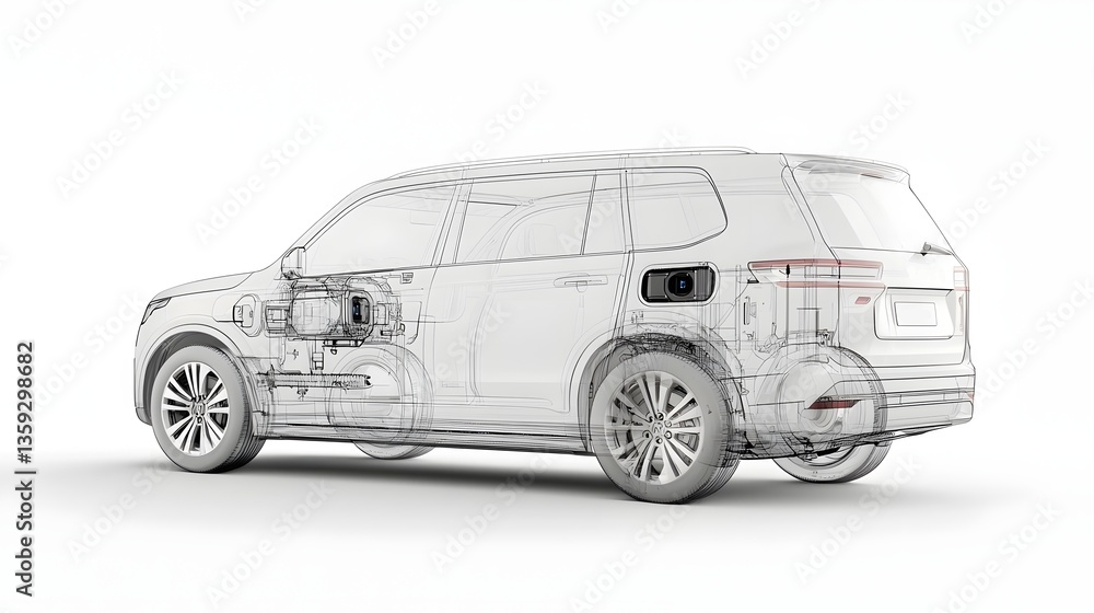 Aufkleber A rendered 3D wireframe model of an electric SUV or crossover vehicle showcasing the integrated placement of Lidar sensor technology for advanced autonomous driving and mapping capabilities