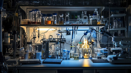 Medical research. Microbiology. Study of the chemical structure of cells. 3D illustration of laboratory tubes and flasks