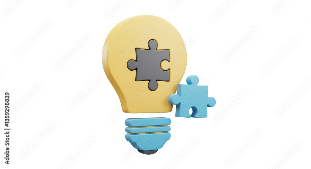 Poster isolated 3d light bulb with puzzle pieces illustrating problem solving