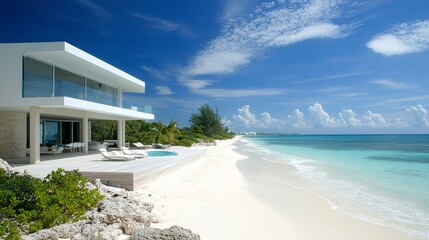 Fototapeta premium Sleek beachfront villa in white, expansive terraces facing the ocean, clean minimalist design, soft waves lapping the shore, warm sunlight casting gentle shadows 