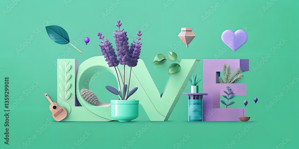 Poster creating a whimsical display of love with vibrant colors and playful shapes in a modern artistic com