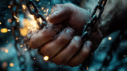 A pair of hands breaking free from heavy chains, symbolizing overcoming addiction.