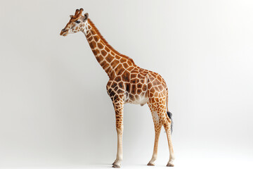 Obraz premium A tall, majestic giraffe stands gracefully against a clean, white background, showcasing its unique spotted pattern.