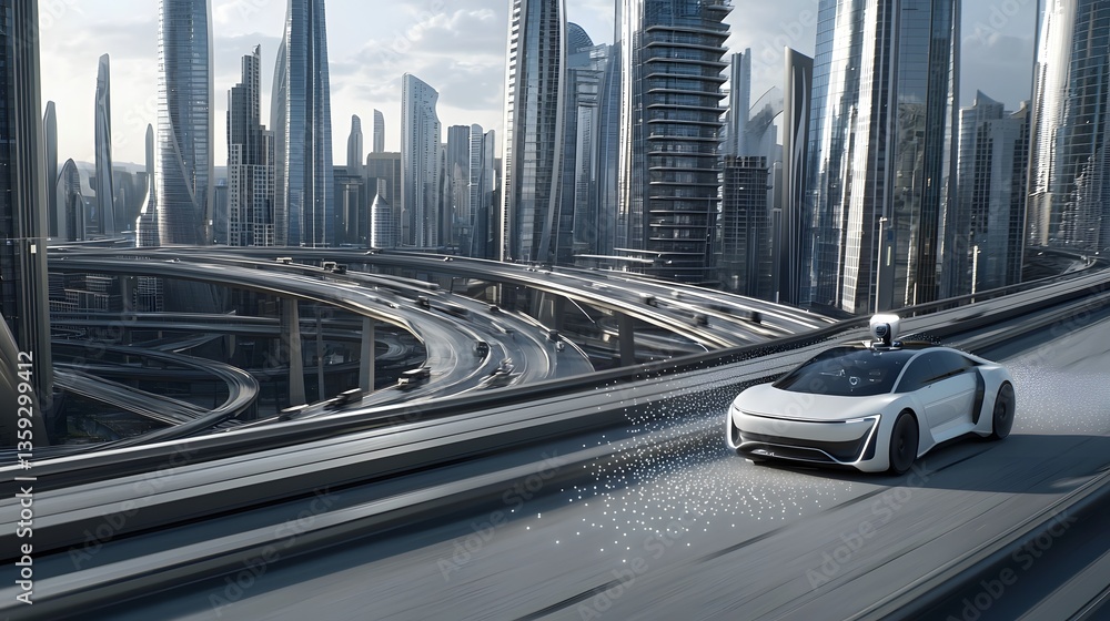 Poster A sleek autonomous vehicle navigates a modern high rise cityscape with efficiency and precision showcasing the advancements in transportation technology and urban infrastructure