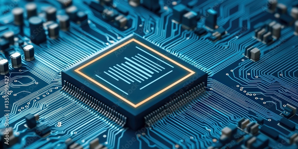 Poster cyber security awareness firewall infographic concept. close-up of a microchip on a circuit board wi