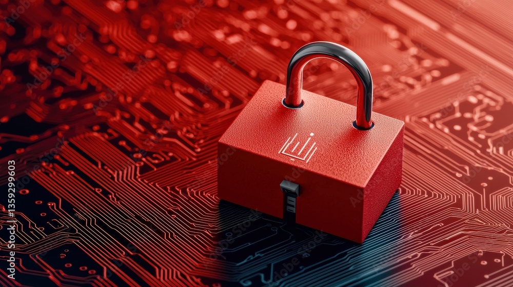 Poster cyber security awareness firewall infographic concept. red padlock on a circuit board background sym