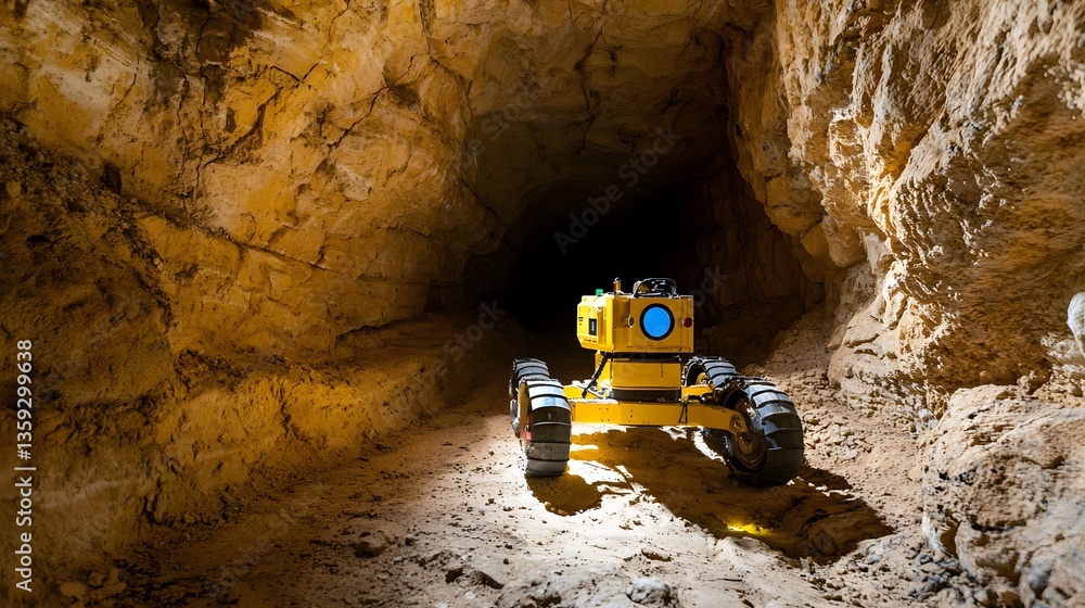 Poster A yellow radar equipped autonomous robot navigating and mapping the intricate network of underground tunnels during a mining