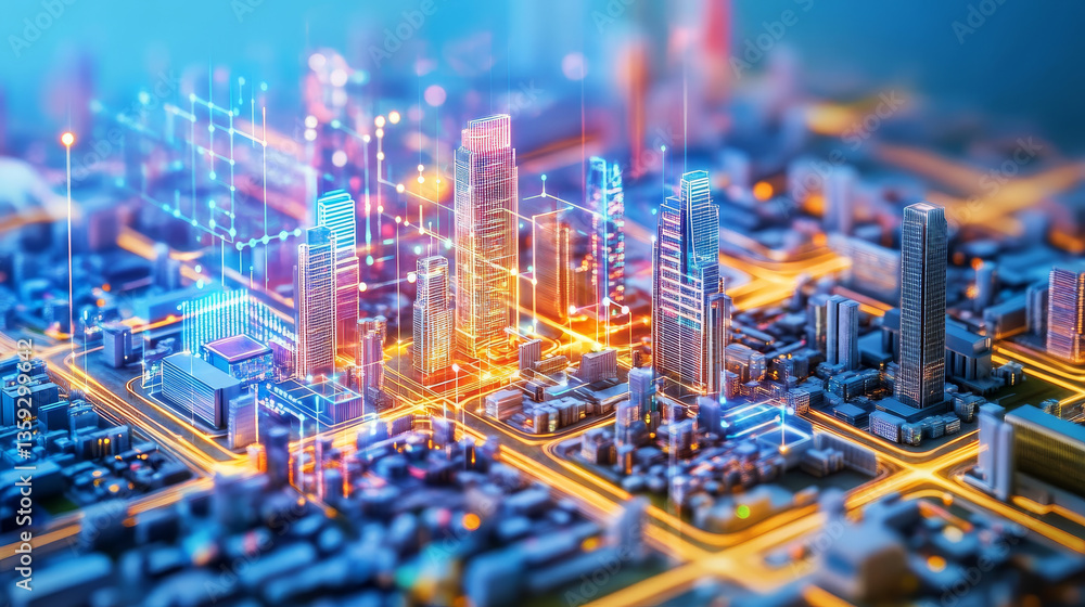 Aufkleber cyber city. digital technology and bigdata. blockchain network and artificial intelligence. 3d illus