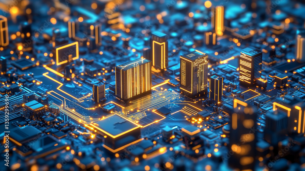 Poster cyber city and techno future of global information stream. 3d illustration of space computer circuit