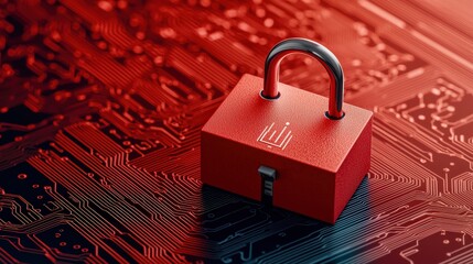 Cyber security Awareness firewall infographic concept. Red padlock on a circuit board background symbolizing security and technology.