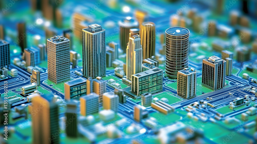 Poster cyber city and techno future of global information stream. 3d illustration of space computer circuit