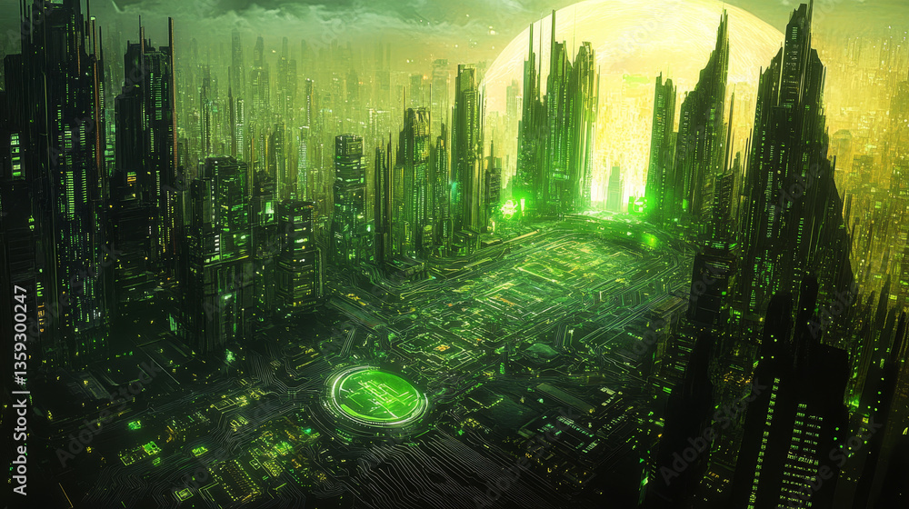 Poster cyber city and techno future of global information stream. 3d illustration of space computer circuit