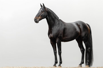 Obraz premium A majestic black horse stands elegantly against a soft gray backdrop, showcasing its sleek coat and strong physique.