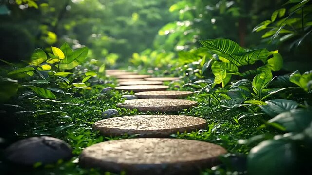Serene garden pathway with stone steps surrounded by lush greenery and vibrant plants