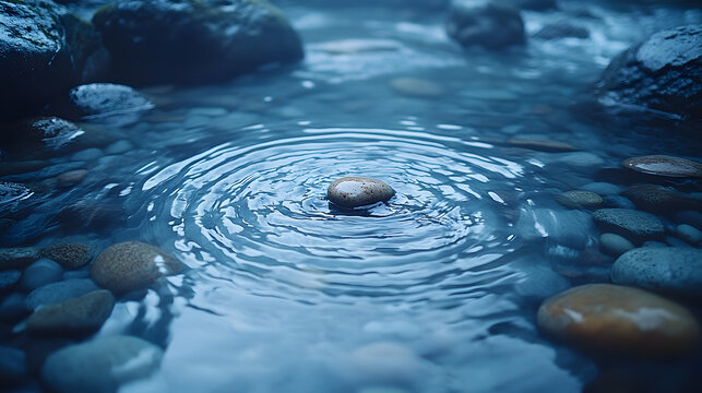 Stillness and Ripples: A singular stone rests serenely in the tranquil waters of a clear stream, the impact creating gentle ripples that spread across the surface.