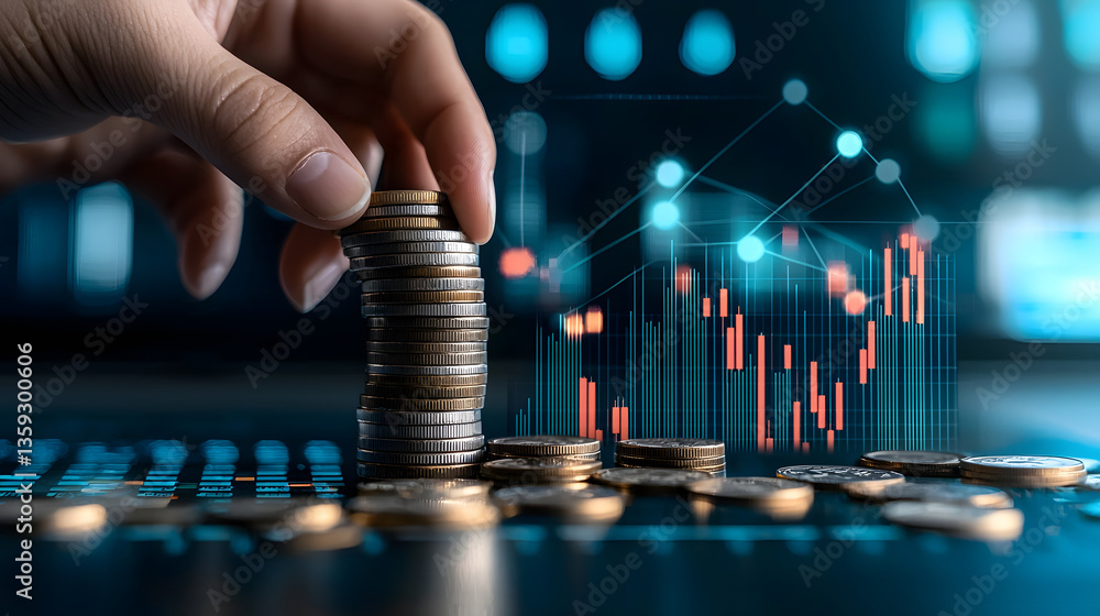 Fototapete a hand carefully stacking coins on a table with a digital financial chart or graph displayed in the 
