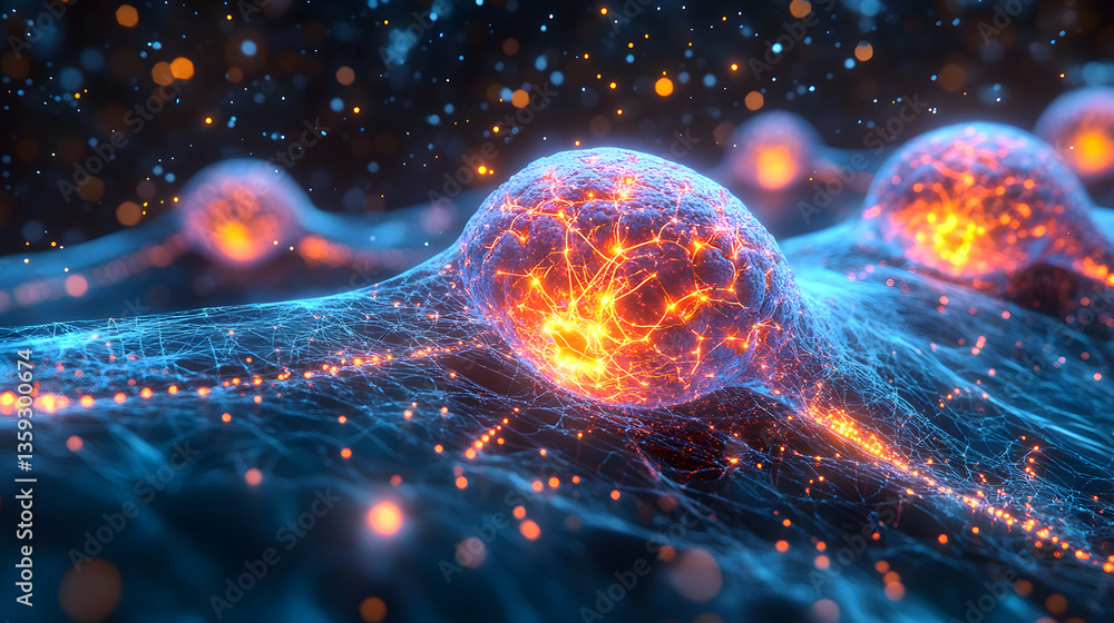 Poster illuminating neural network: an artistic representation of interconnected neurons, glowing with vibr
