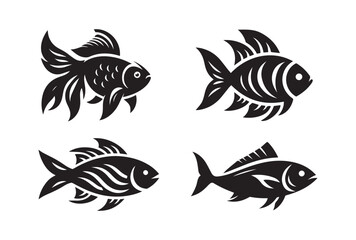 Fish black silhouette logo icon isolated on white background, clip art bundle