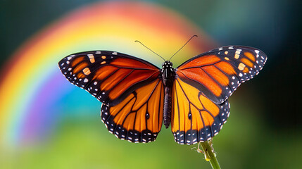 Fototapeta premium Colorful butterfly displaying wings under rainbow in nature macro photography vibrant environment close-up view