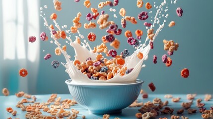 A vibrant action shot of cereal bursting into a bowl of milk, showcasing the excitement and joy of breakfast in a colorful and dynamic composition.