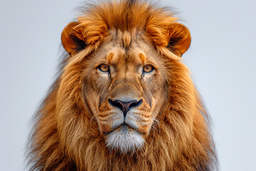 Fototapeta premium Majestic male lion with a vibrant mane gazing intently into the camera, exuding strength and nobility.