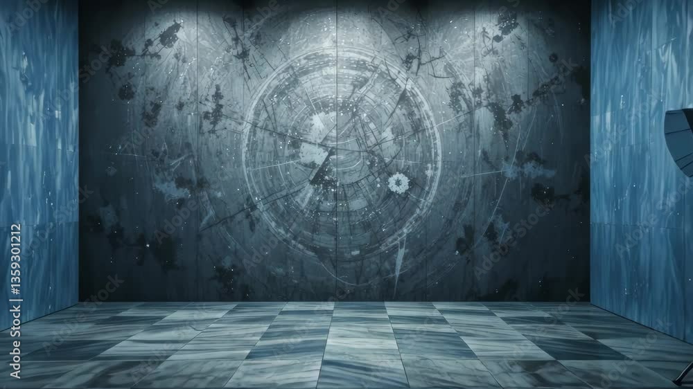 Aufkleber grungy empty studio with metallic blue walls and artistic abstract backdrop
