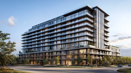 Sophisticated condo building, modern aesthetic with sleek glass walls and open balconies, sunlit urban setting, perfect for showcasing real estate 