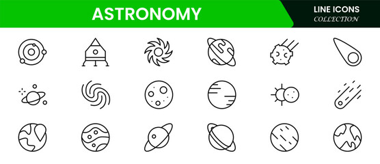Fototapeta premium Astronomy Space and Technology icon set. It contains satellites, the universe, astronauts, rockets, comets, telescopes, and planets, as well as more icons related to space and astronomy.