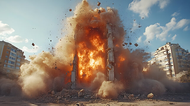 Destructive Force: A concrete structure implodes in a powerful explosion, creating a dramatic cloud of dust and debris against a bright sky