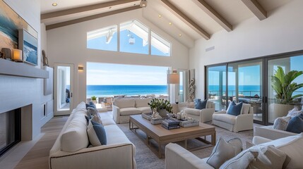 Fototapeta premium Sophisticated lobby design, vaulted ceilings with contemporary lighting, expansive windows revealing ocean vistas, serene coastal-inspired decor 