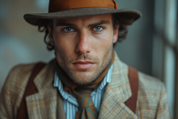 A young Caucasian male with striking blue eyes, dressed in vintage fashion, exuding confidence and charm.