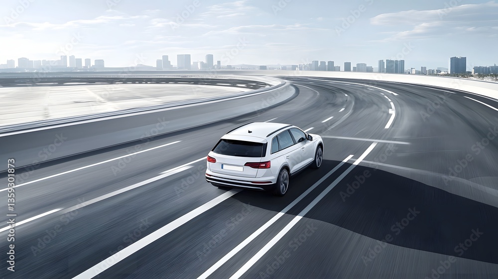 Fototapete Automated sedan navigating a busy city highway with advanced radar based collision prevention technology activated to ensure safe and efficient transportation
